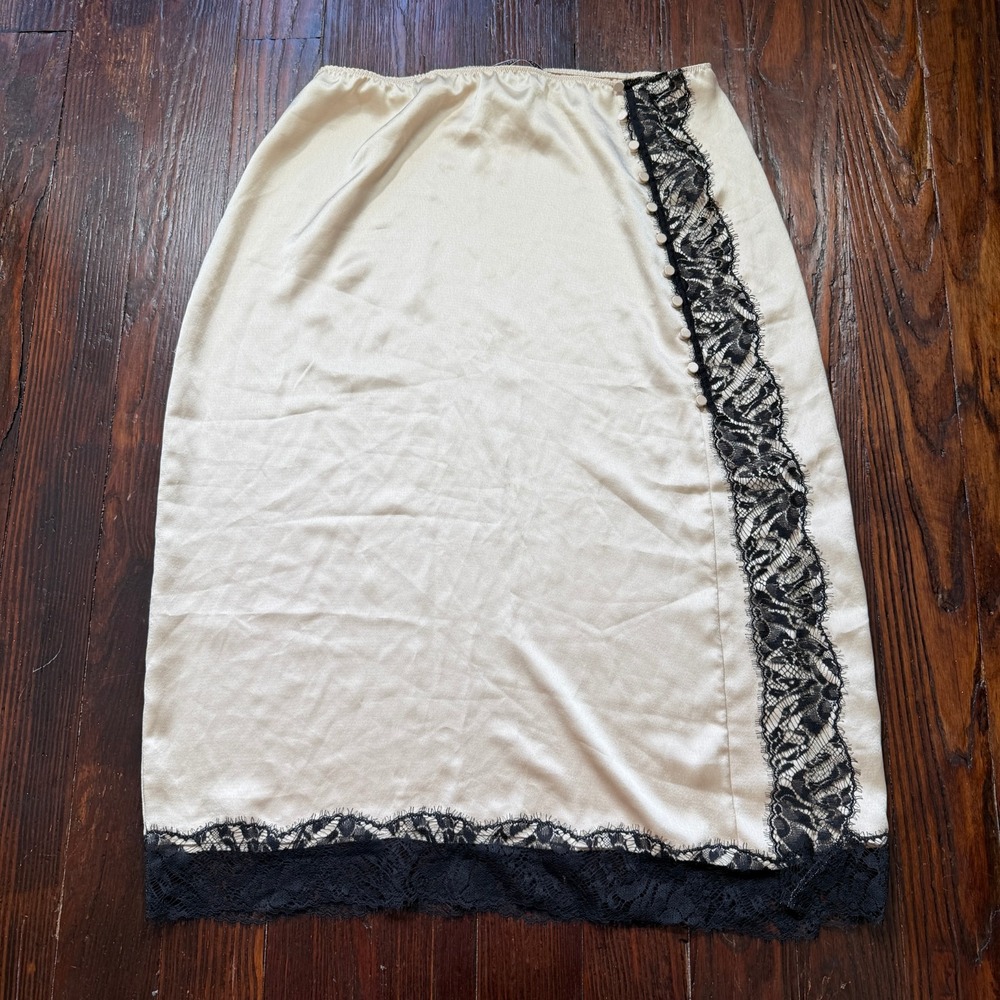 NWT Victorias Secret Skirt Womens XL Cream Black Lace Trim Slip Side Slit Pencil